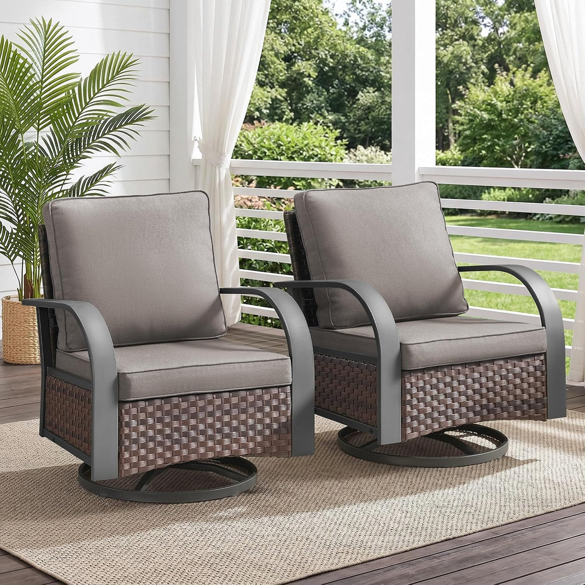 Belord Outdoor Swivel Rocker Patio Chairs of 2, Patio Conversation Glider Set with Wide Metal Armrests, Handwoven Rattan Bistro Set for Backyard, Garden, Luxury Patio Furniture for Indoor (Grey)