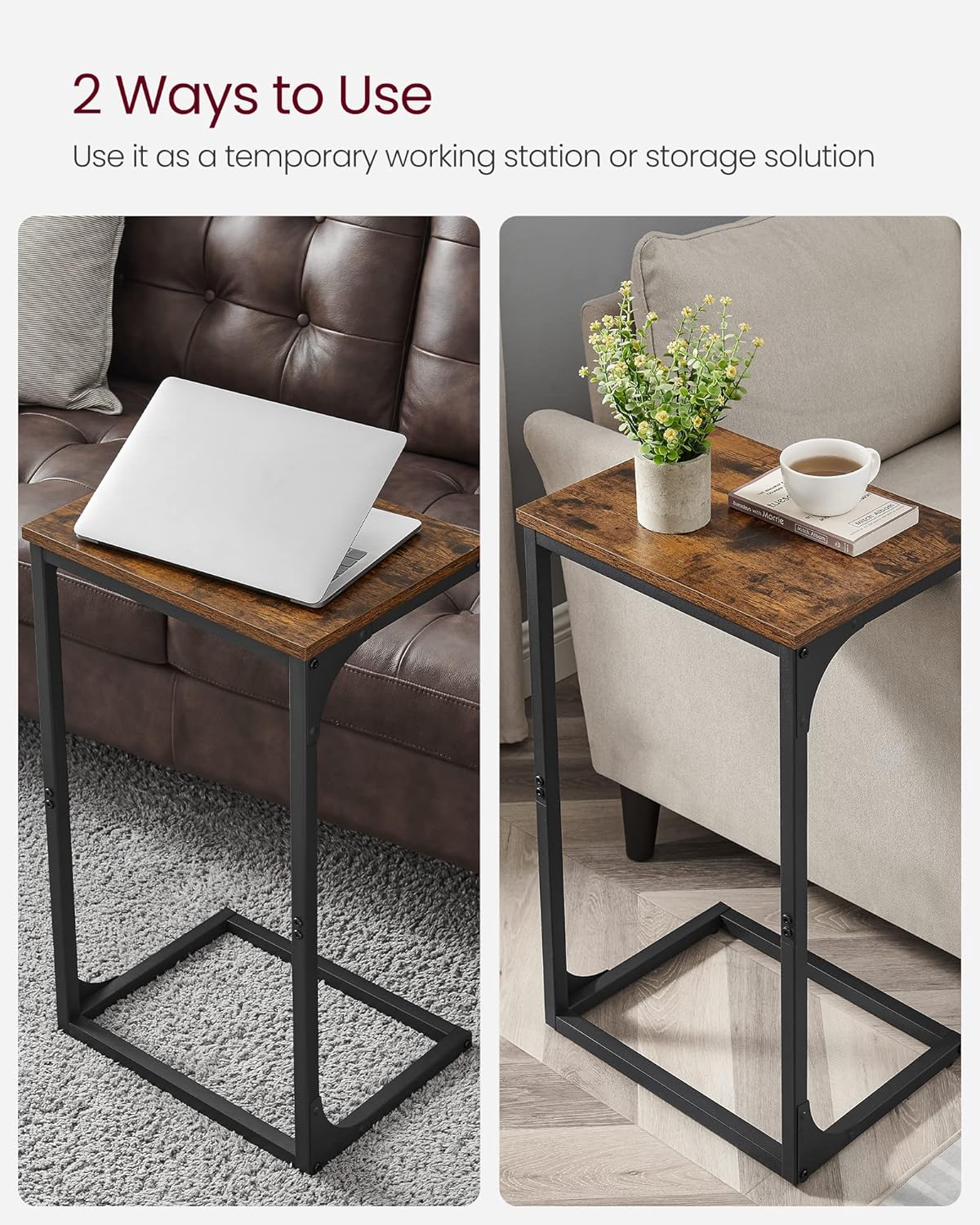 VASAGLE C-Shaped End Table, Side Table for Sofa, Couch Table with Metal Frame, Small TV Tray Table for Living Room, Bedroom, Rustic Brown and Black ULET353B01