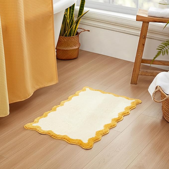 MONDAY MOOSE Bath Mat with Scalloped Wavy Ripple Design, Microfiber Absorbent Non Slip Tufted Rug for Floor, Shower or Kitchen (20x32 inch, Yellow)