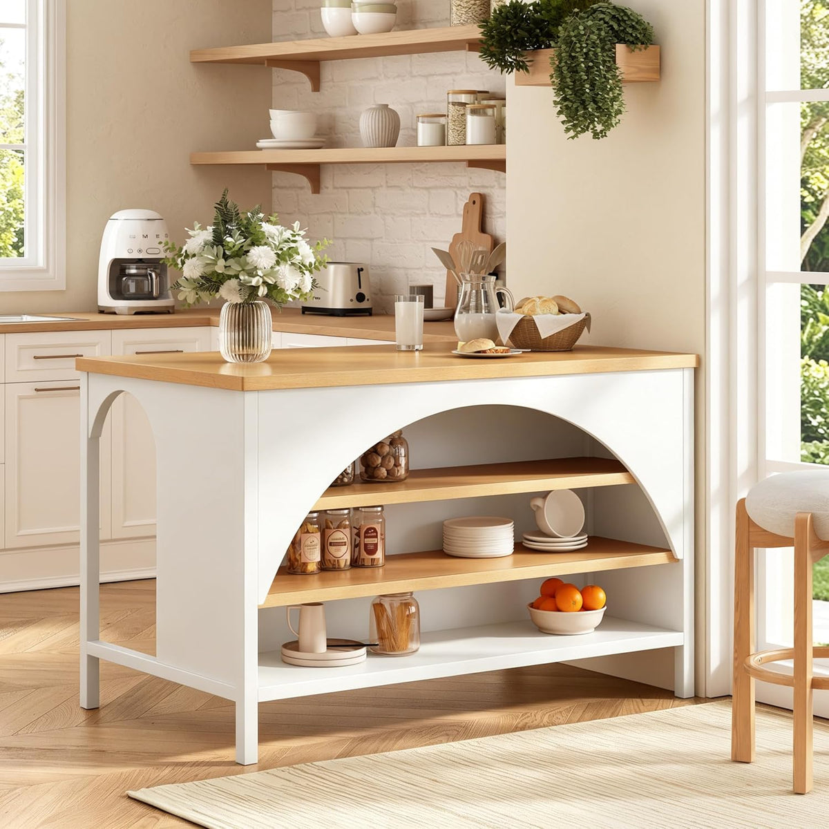 Christopher Knight Home Elle 56" Kitchen Island with Open Storage, Farmhouse Rubberwood Kitchen Island Table with Arch Detail, Storage Cabinet with 3 Open Shelves, Kitchen Prep Table, White+Natural