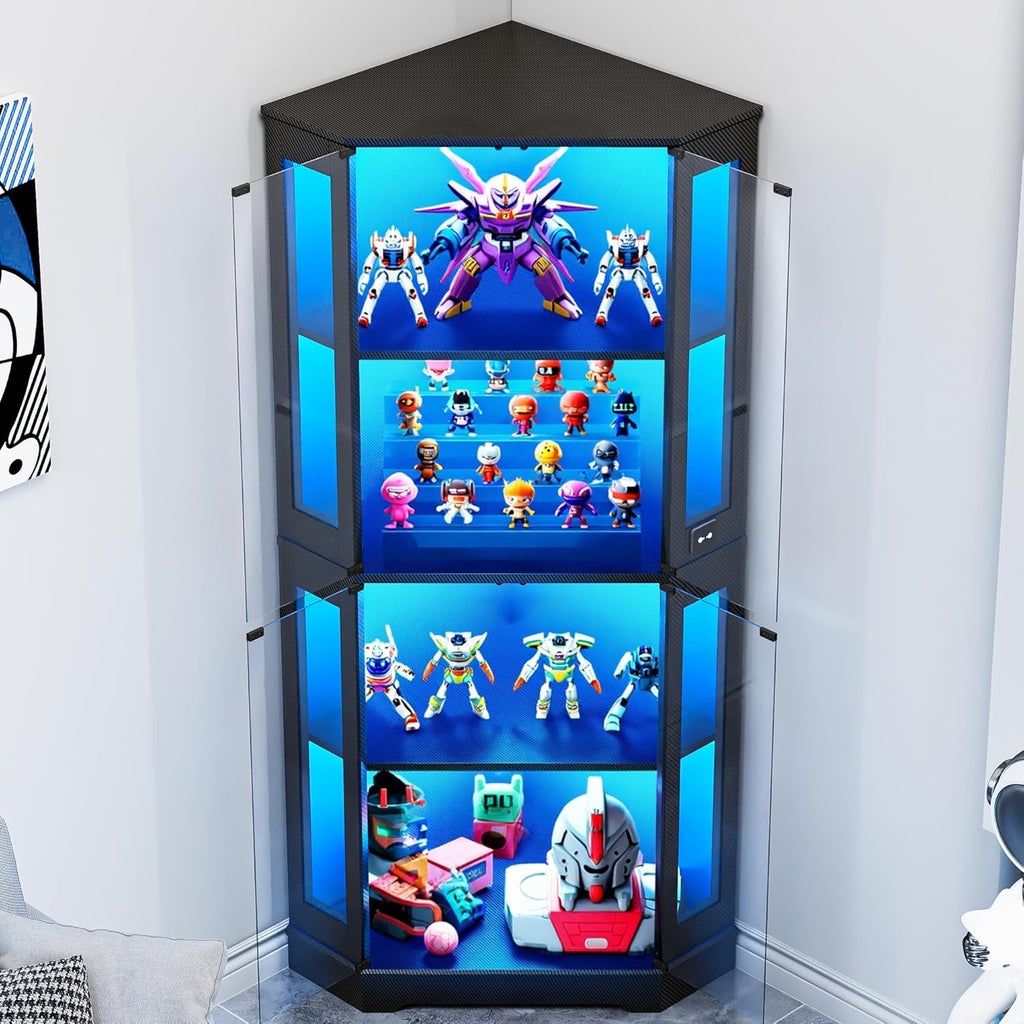 IRONCK 71" Carbon Fiber Corner Glass Display Cabinet, RGB LED Lights with Remote & APP Control, Human Body Sensor, 4-Tier Tempered Glass Display Case with 2 Adjustable Shelves for Collectibles, Black