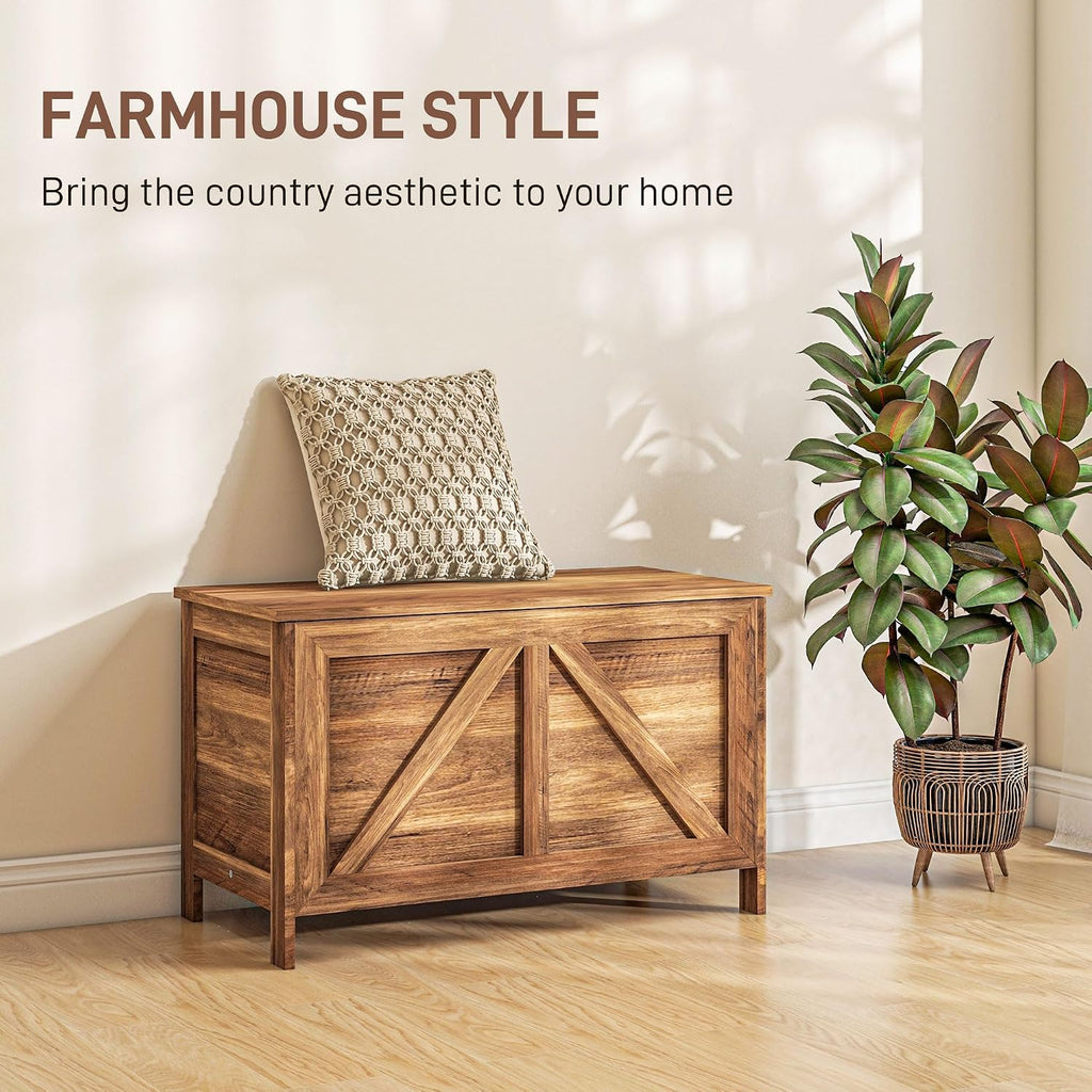 HOMCOM 30" Farmhouse Storage Bench Lift Top Storage Chest in Brown Oak | Safety Hinge, Open Up 100°, Wooden Trunk, Bedroom, Entryway, Living Room