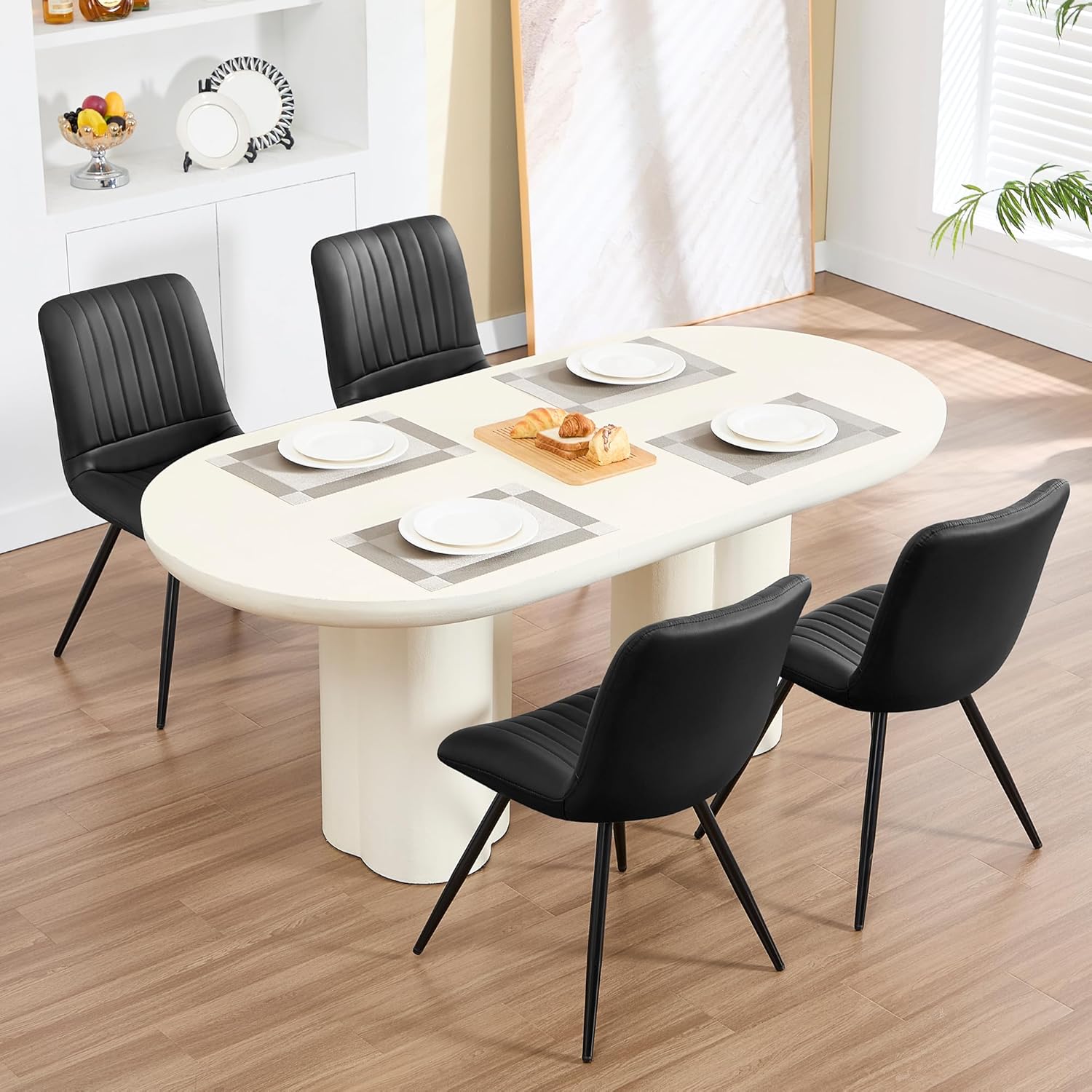 Dining Chairs Set of 4, Modern Dining Chairs with Thick Cushions, PU Leather Upholstered Kitchen Dining Room Chairs with Metal Legs for Dining Living Room (Black)