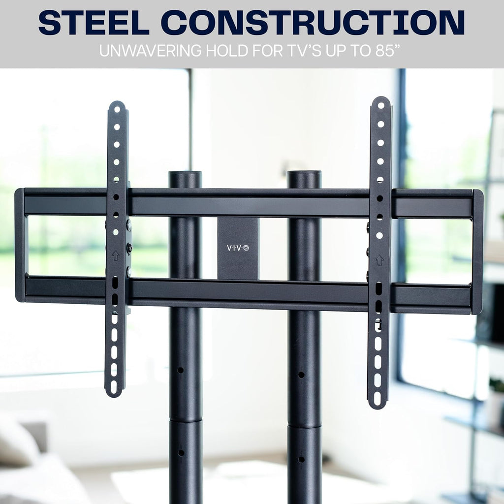 VIVO Dual-Column TV Floor Stand for 32” to 85” Screens with Heavy Duty Base, Tilting Mount with 5 Set Height Adjustments, Black and Dark Walnut, STAND-TV85JS
