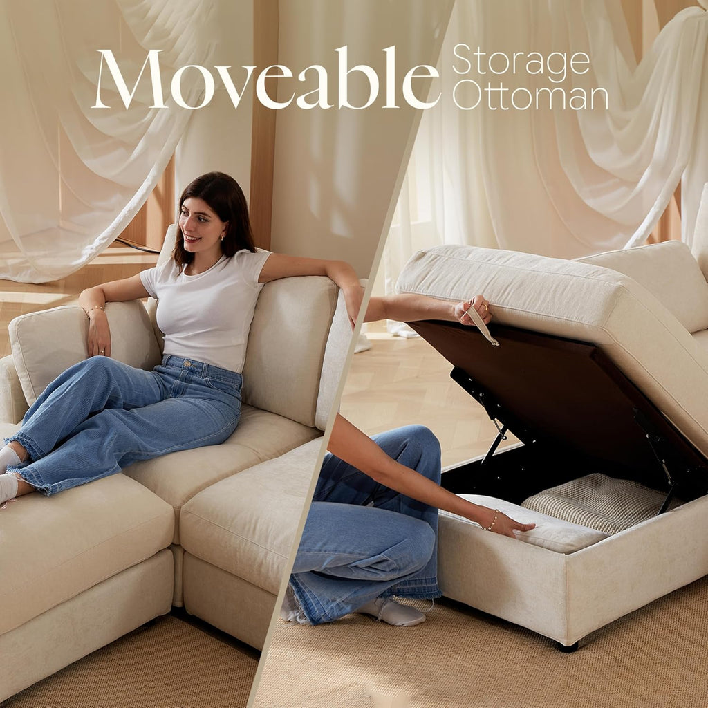 Modular Sectional Couch Chenille Fabric Upholstery Washable Sofa with Side Pocket No Tool Assembly Cloud Seating Comfort Couches for Livingroom Apartment - Beige 3 Seater with Ottoman 94"
