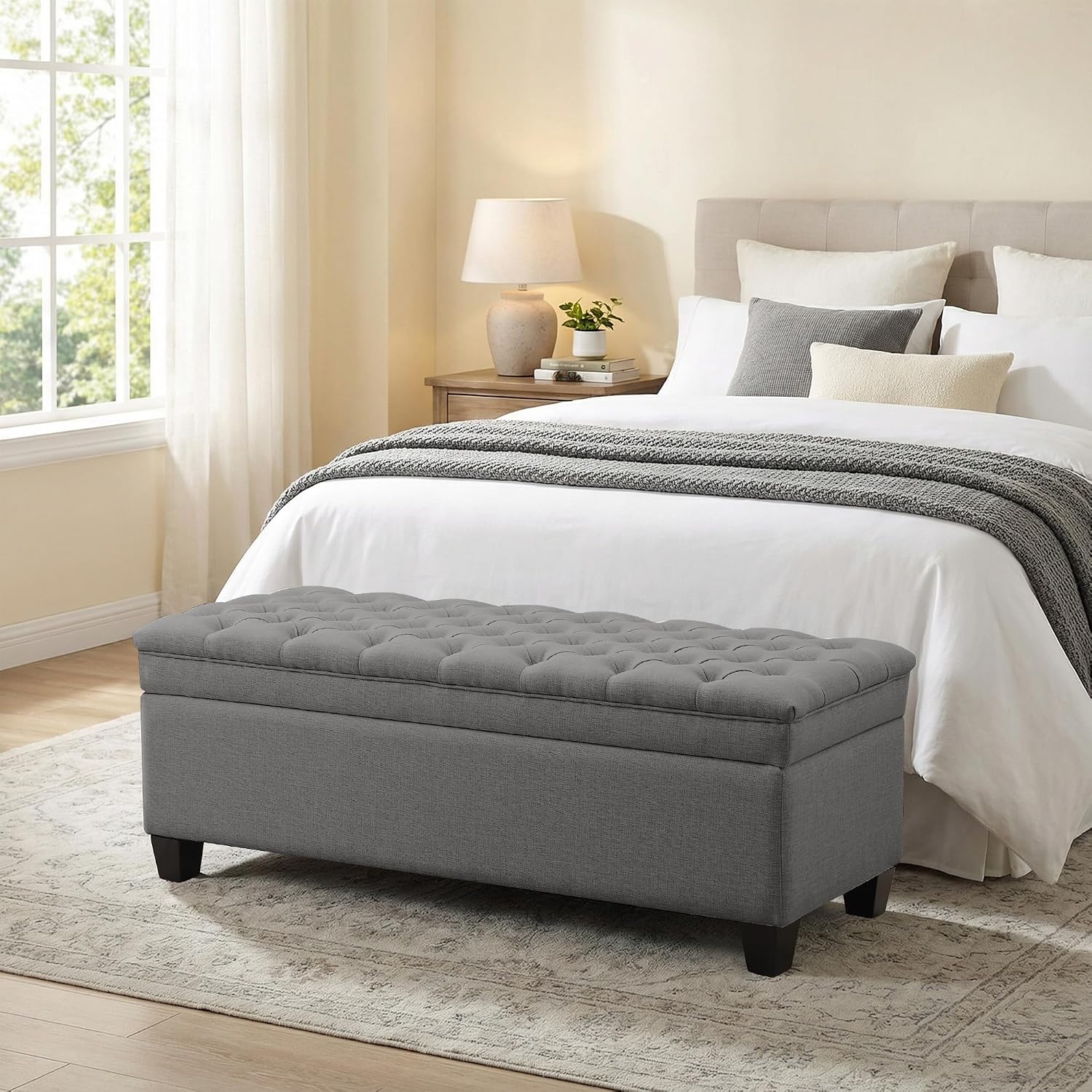 50" Storage Ottoman Bench, Rectangular End of Storage Bench, Upholstered Large Fabric Tufted Ottoman with Storage for Living Room, Bedroom, Entryway,Dark Gray