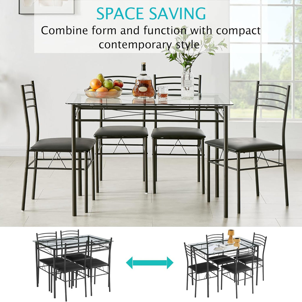 VECELO Dining Table Set for 4, 5-Piece Glass Kitchen Table with Upholstered Padded Chairs for Small Space, Breakfast Nook, Space-Saving, Black
