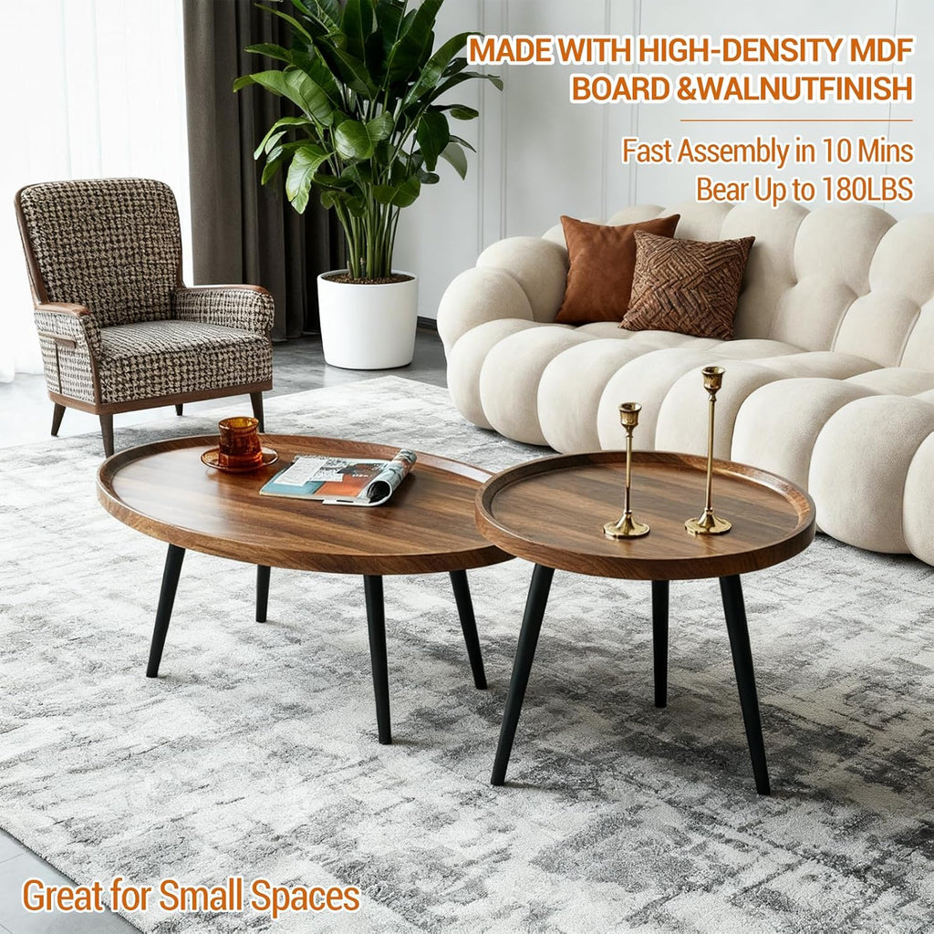 Nesting Coffee Table Set of 2-Mid Century Modern Guitar Pick Stacking Tables with Solid Wood Legs-Waterproof Circle Center Table for Living Room Bedroom Balcony