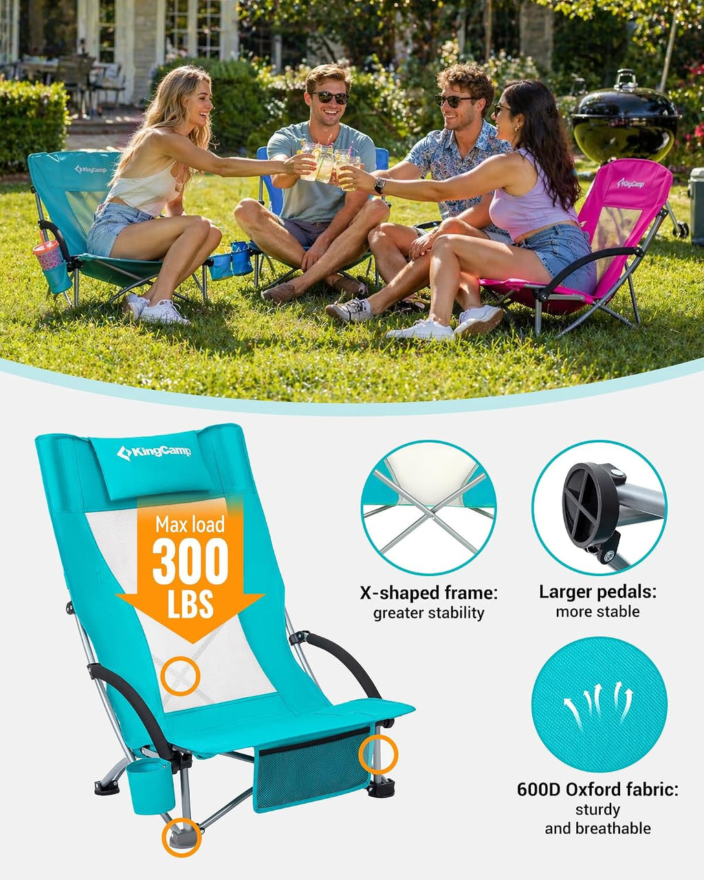 KingCamp Low Beach Chairs 2 Pack, Folding Portable Chair for Adults lightweight Extra Wide Ergonomic High Back Seat 300lbs Heavy Duty Oversized Gear with Carry Bag for Outdoor Lawn Camping Picnic