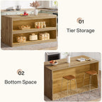 Tribesigns 59-Inch Kitchen Island with Storage, 3-Tier Farmhouse Stationary Island Table with Large Worktop & Seating Area, Rectangular Breakfast Counter for Kitchen, Dining Room, Light Wood