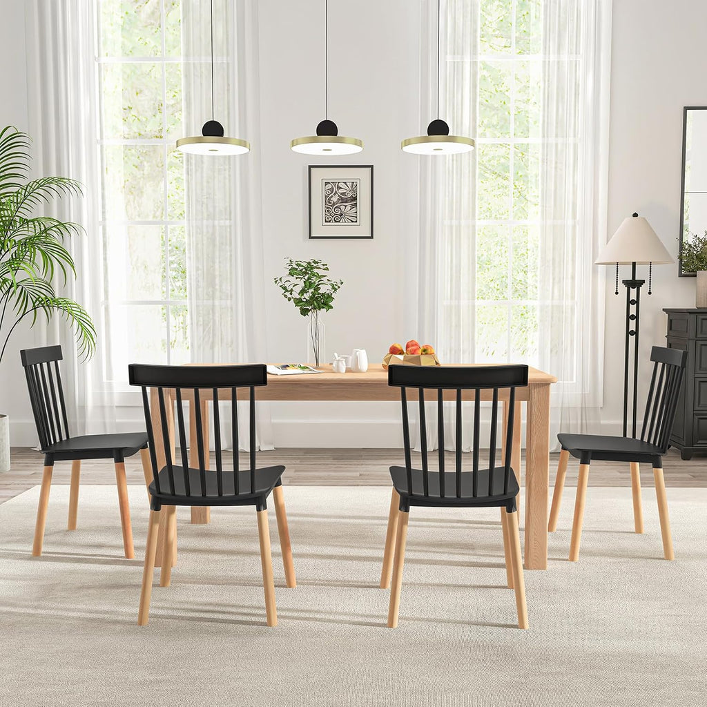 POWERSTONE Windsor Dining Chair Set of 4, Farmhouse Kitchen Chairs with Solid Wood Legs Spindle Dining Room Chair for Dining Living Room Restaurant Black