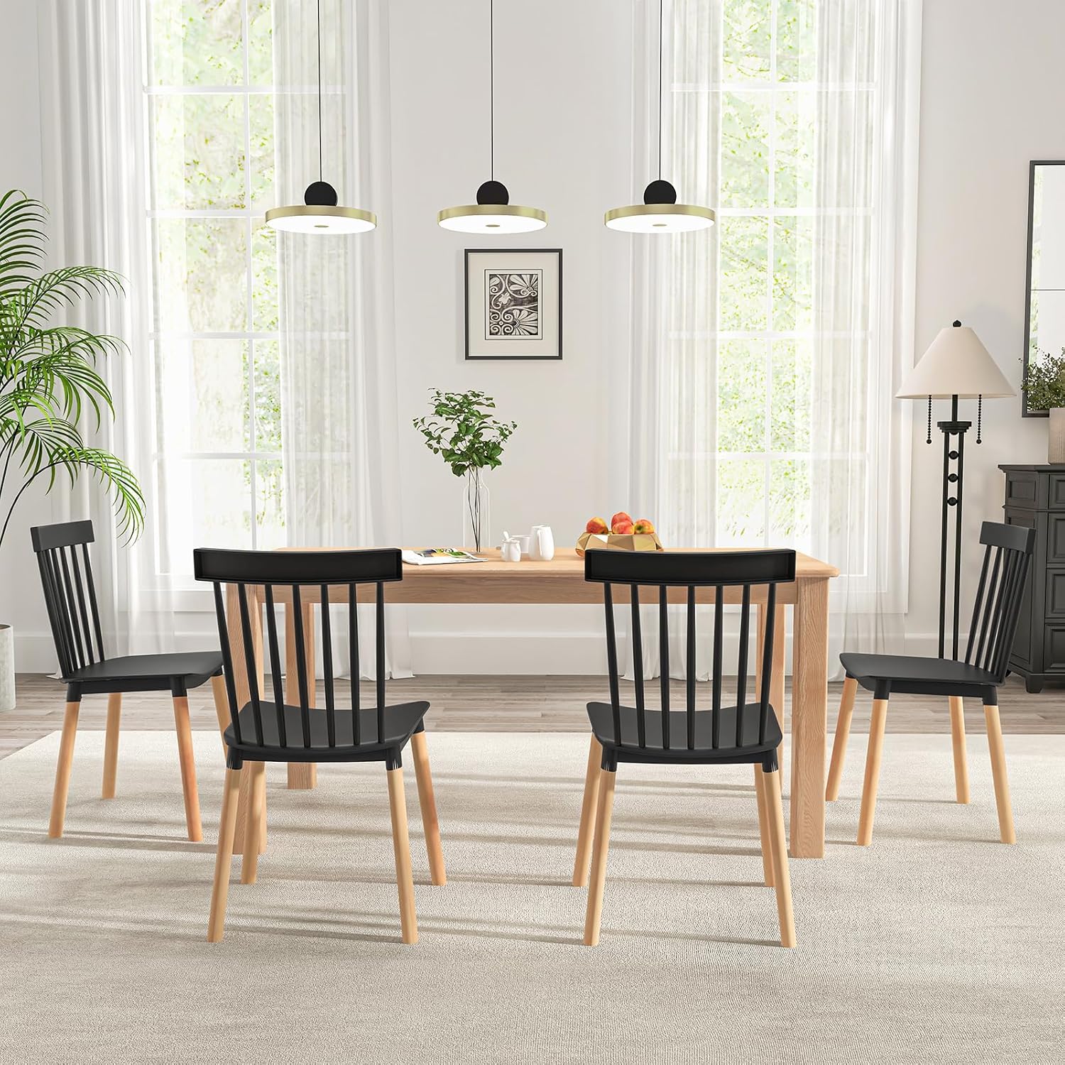POWERSTONE Windsor Dining Chair Set of 4, Farmhouse Kitchen Chairs with Solid Wood Legs Spindle Dining Room Chair for Dining Living Room Restaurant Black