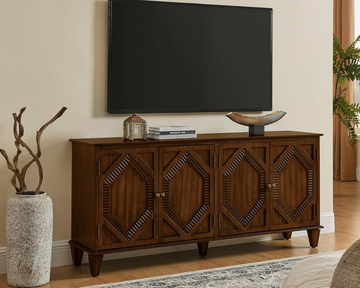 LKTART 65" Mid Century Sideboard Buffet Cabinet with Solid Wood Legs,Accent Storage Cabinet Credenza with 4 Doors for Living Room,Entryway,Kitchen(Walnut)