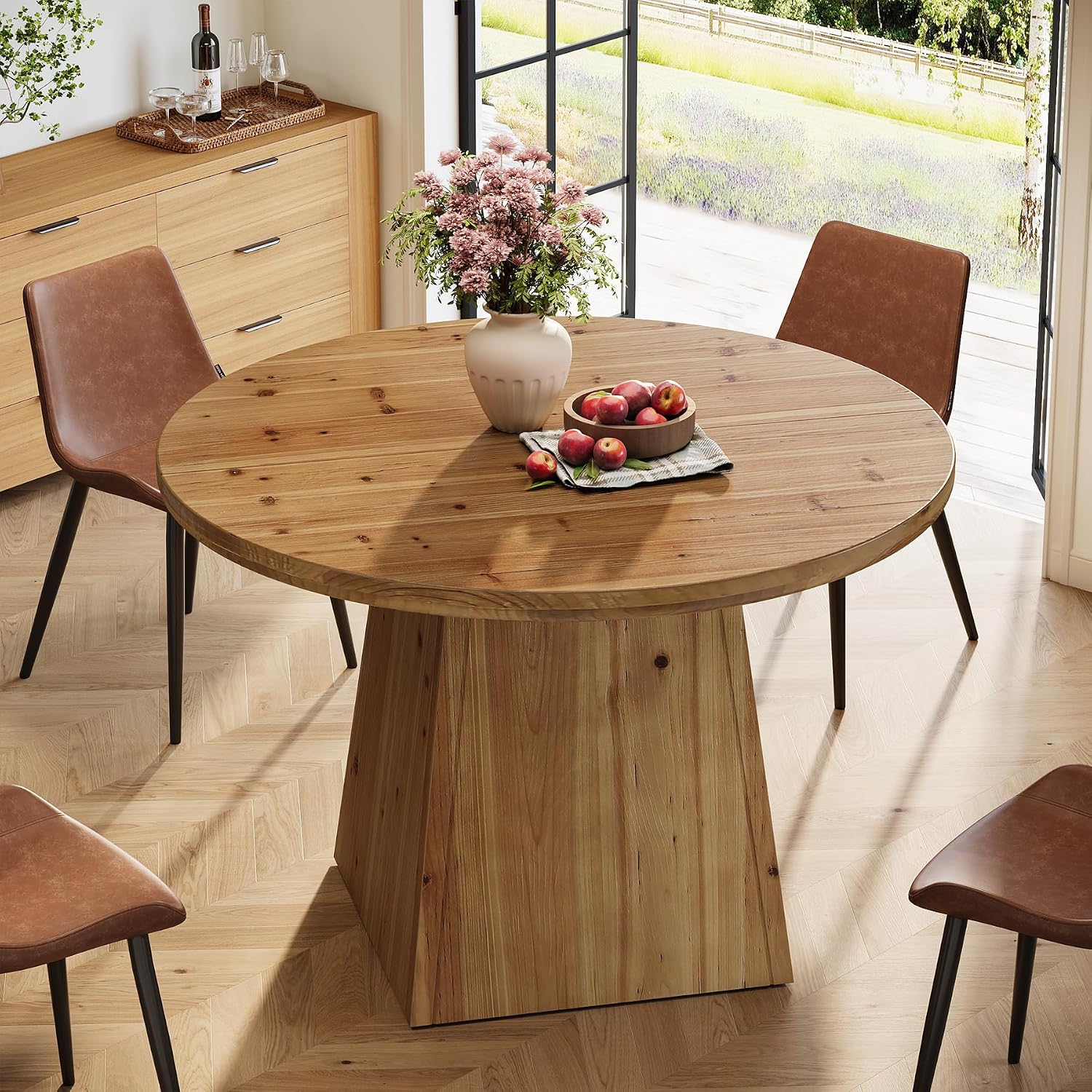 Solid Wood Round Dining Table for 4, Small Circle Kitchen Table with Thickened Top & Sturdy Pedestal Base for Dining Room, Living Room, Kitchen, 39.4 x 29.5 Inches, Farmhouse Style (Table Only)