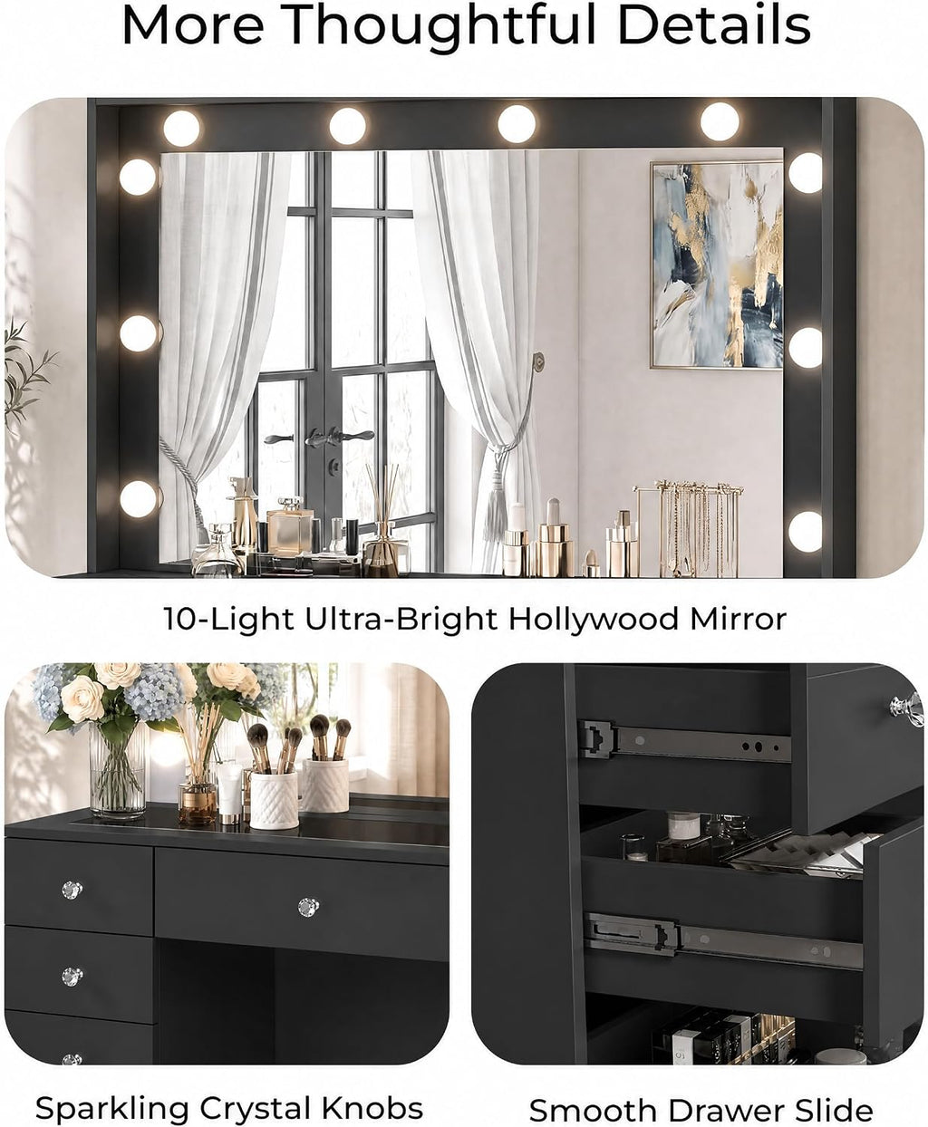 Otterease Black Makeup Vanity with Mirror and Lights,11 Drawers & Glass Top | Vanity Desk Table with Charging Station and 10 LED Bulbs, Hair Dryer Holder, for Bedroom
