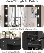 Otterease Black Makeup Vanity with Mirror and Lights,11 Drawers & Glass Top | Vanity Desk Table with Charging Station and 10 LED Bulbs, Hair Dryer Holder, for Bedroom