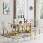 5 Pcs Dining Table Set, Kitchen and Dining Room Table Set for 4, 68" Rectangular White Faux Marble Dining Table with O-Shaped Gold Stainless Steel Base & Velvet Upholstered Beige Chairs