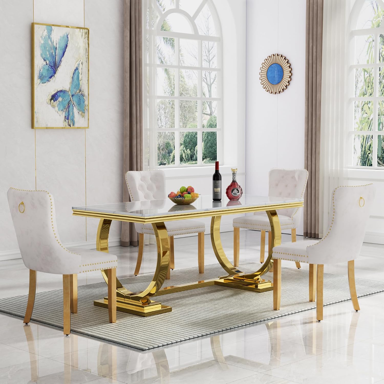 5 Pcs Dining Table Set, Kitchen and Dining Room Table Set for 4, 68" Rectangular White Faux Marble Dining Table with O-Shaped Gold Stainless Steel Base & Velvet Upholstered Beige Chairs