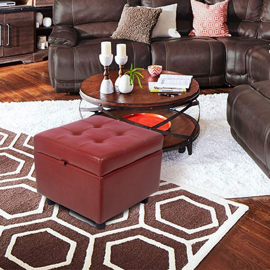 H&B Luxuries Tufted Leather Square Flip Top Storage Ottoman Cube Foot Rest (Red with Storage)
