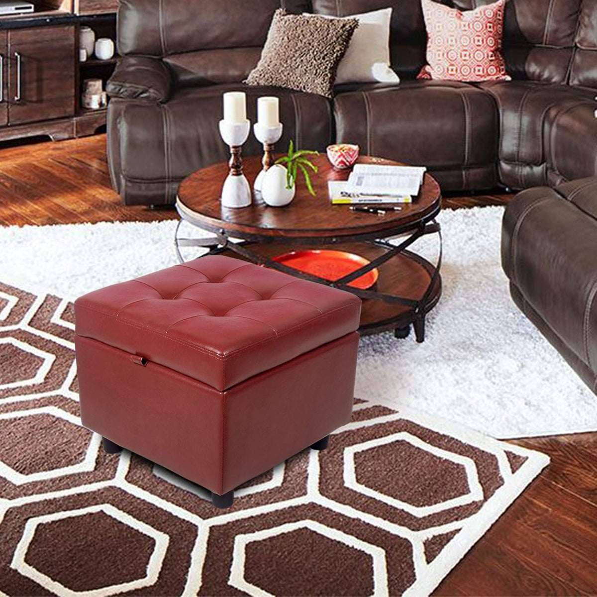 H&B Luxuries Tufted Leather Square Flip Top Storage Ottoman Cube Foot Rest (Red with Storage)