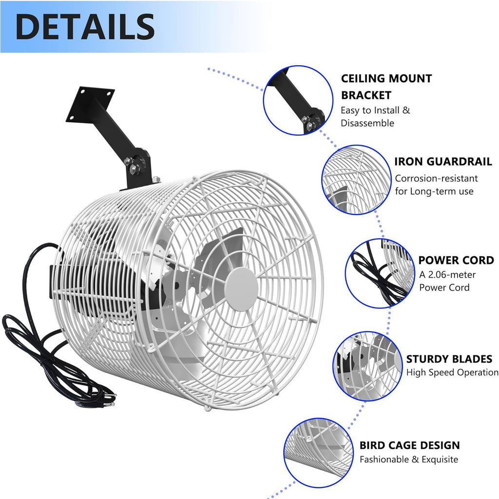 Greenhouse Air Circulation 1/10 HP 115V Ceiling Wall Mount Fan 1470CFM High Speed Circulation Fan for Greenhouse, Warehouse, Patio, Garage