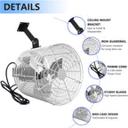 Greenhouse Air Circulation 1/10 HP 115V Ceiling Wall Mount Fan 1470CFM High Speed Circulation Fan for Greenhouse, Warehouse, Patio, Garage