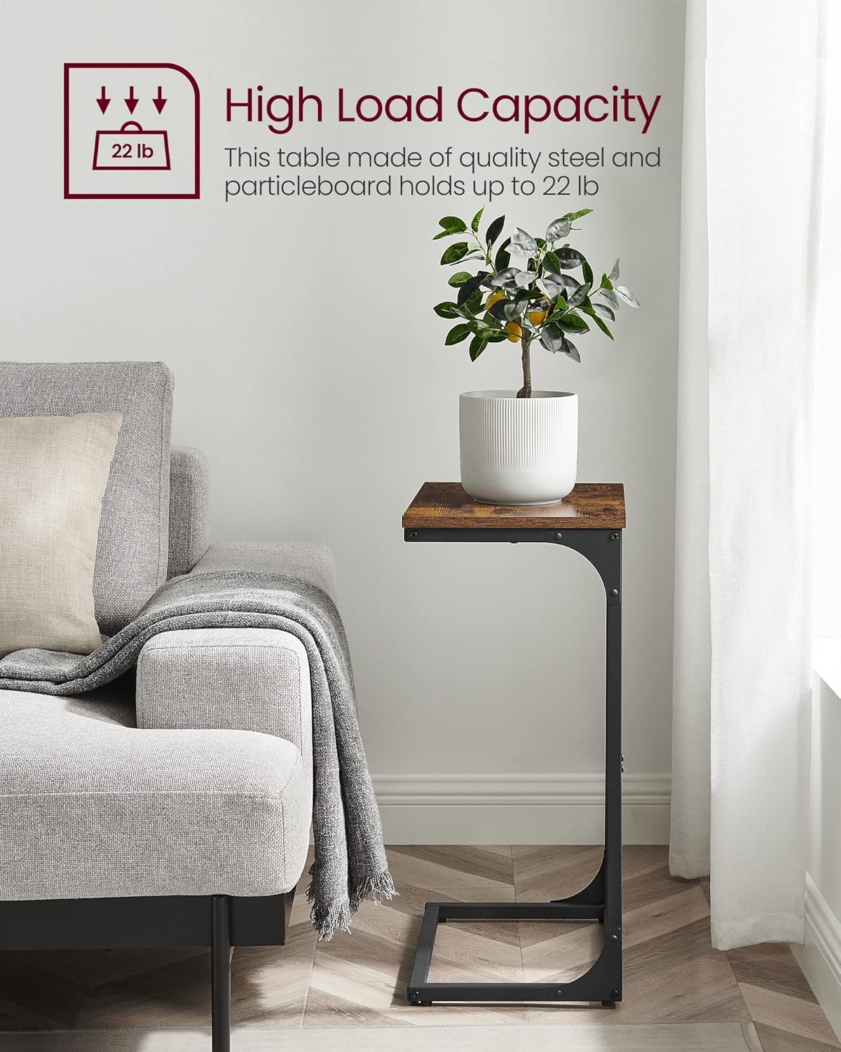 VASAGLE C-Shaped End Table, Side Table for Sofa, Couch Table with Metal Frame, Small TV Tray Table for Living Room, Bedroom, Rustic Brown and Black ULET353B01