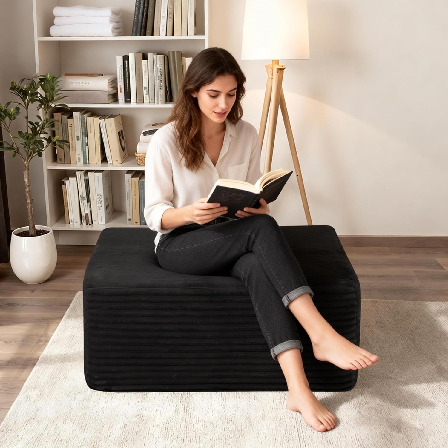 POEM PANDA 37" Modular Sofa Ottoman, Foot Expansion Stool, Black | Plush Corduroy, Deep Seat, High-Density Rebound Foam, Compressed Packaging, No Assembly Required, for Living Rooms & Bedroom