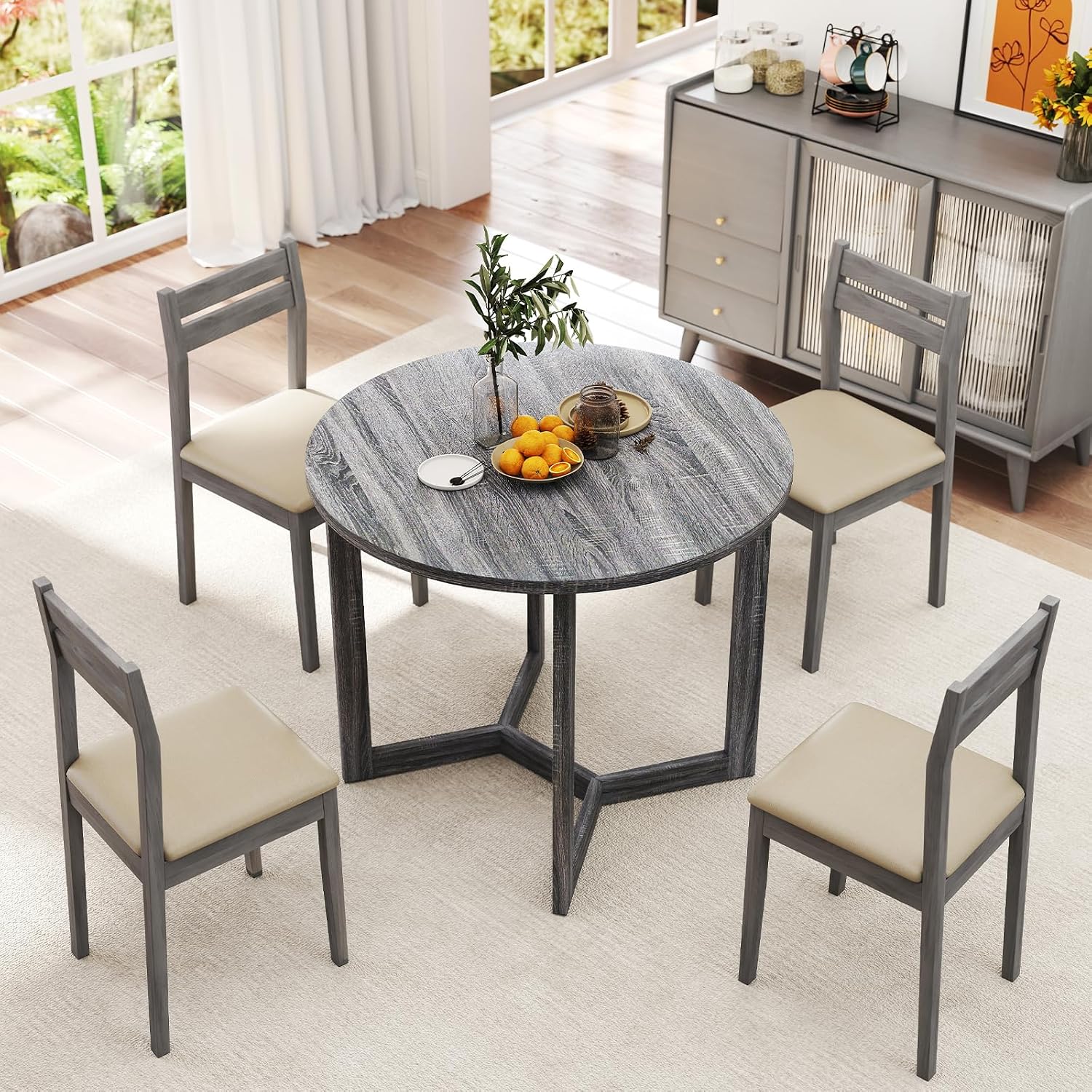 Giantex 36" Round Dining Table for 4, Kitchen Table with Wing-Shaped Base, Wood Grain Tabletop, 220Lbs Capacity, Coffee Tables for Dinette, Dinner, Dining Room, Living Room, Restaurant (Grey)