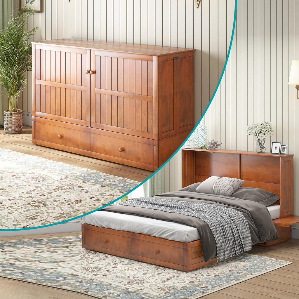 BALUS Murphy Bed, Queen Cabinet Bed with 2 Spacious Storage Drawers-Cherry | USB Charing Station, Spacious Drawer, Space Saving, Queen Bed Frame