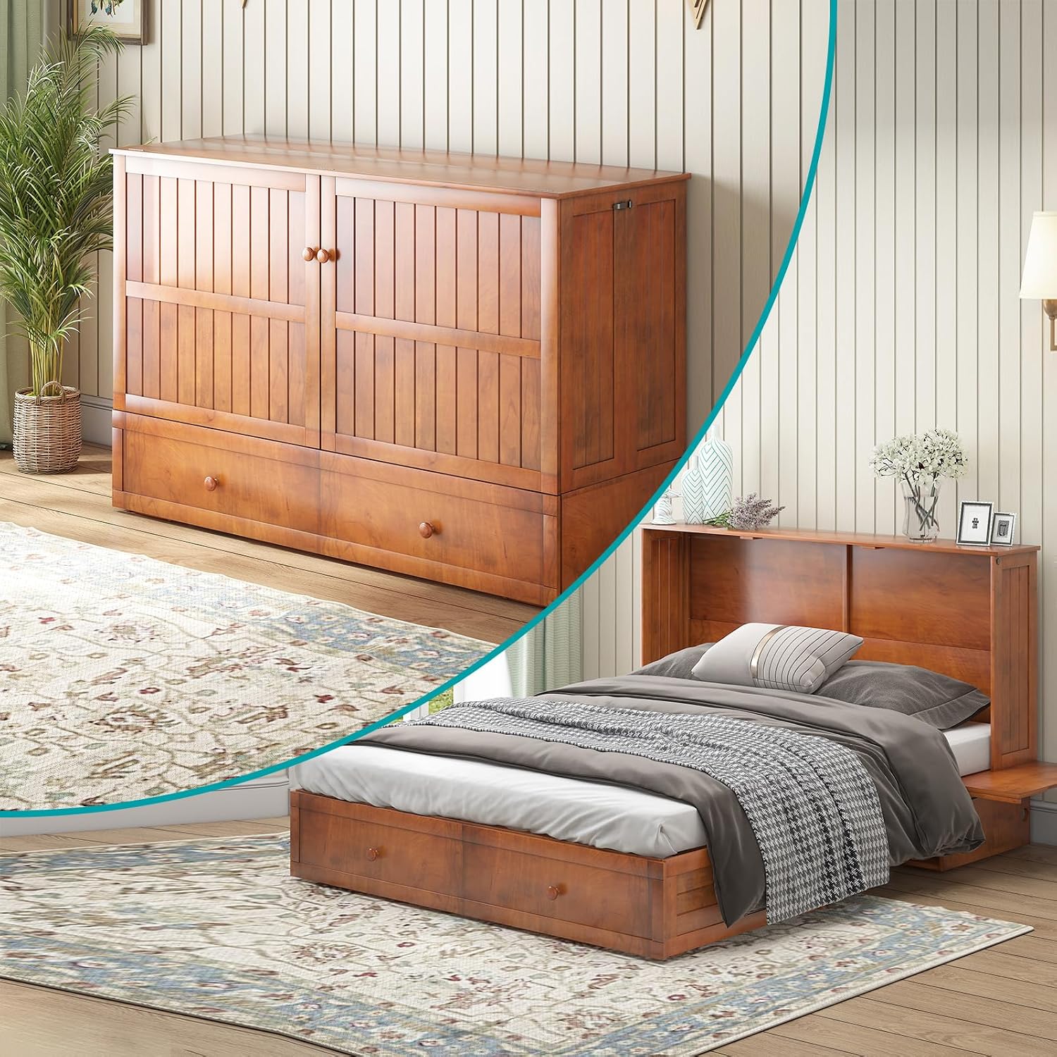 BALUS Murphy Bed, Queen Cabinet Bed with 2 Spacious Storage Drawers-Cherry | USB Charing Station, Spacious Drawer, Space Saving, Queen Bed Frame