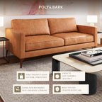 Poly & BARK Mateo 82” Sofa – Cognac Tan Full-Grain Pure-Aniline Italian Leather, Feather-Down Cushions, Solid Wood Frame & Walnut Legs