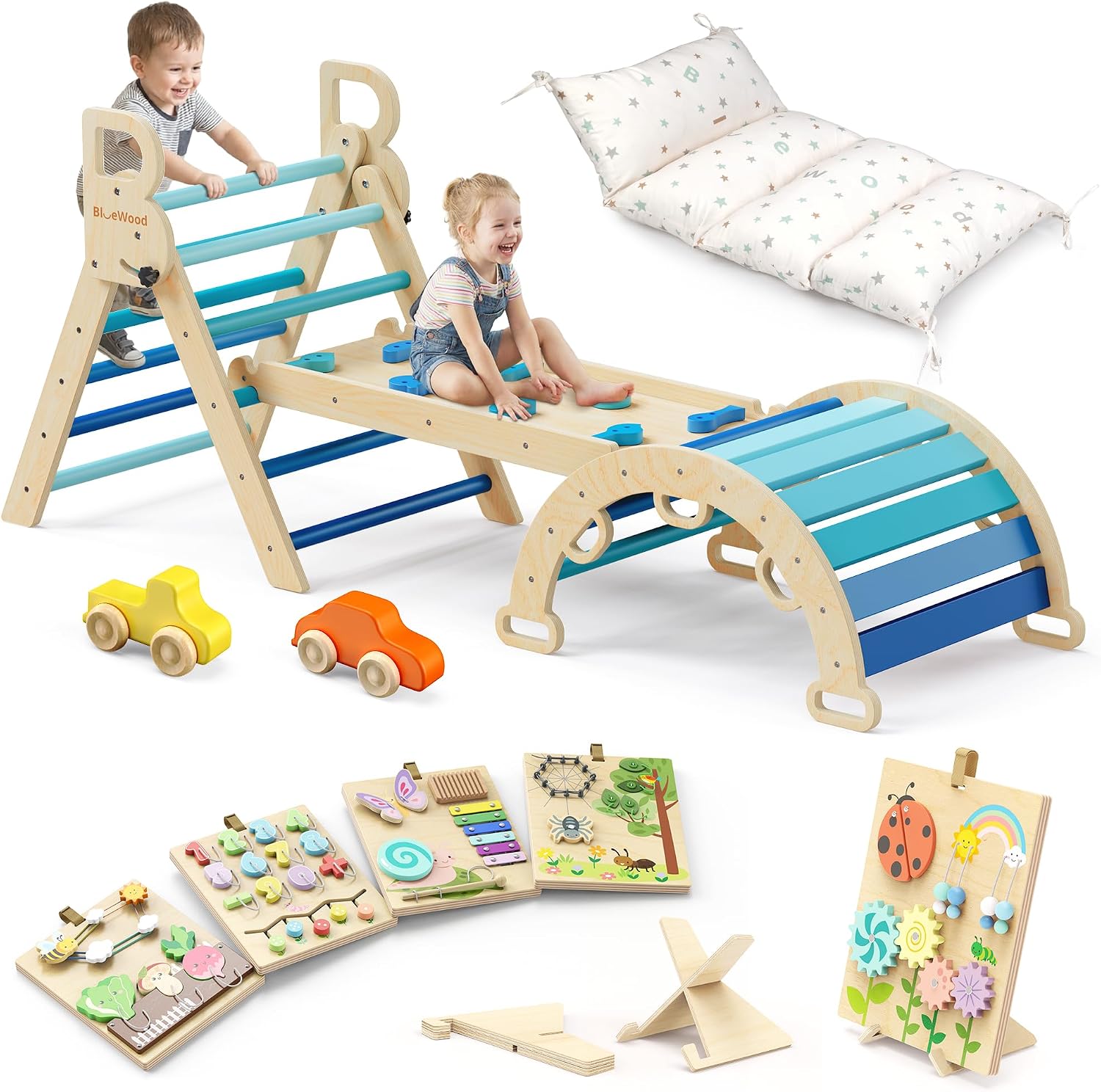 BlueWood Pikler Triangle Set Blue with Cushion and Wooden Busy Board