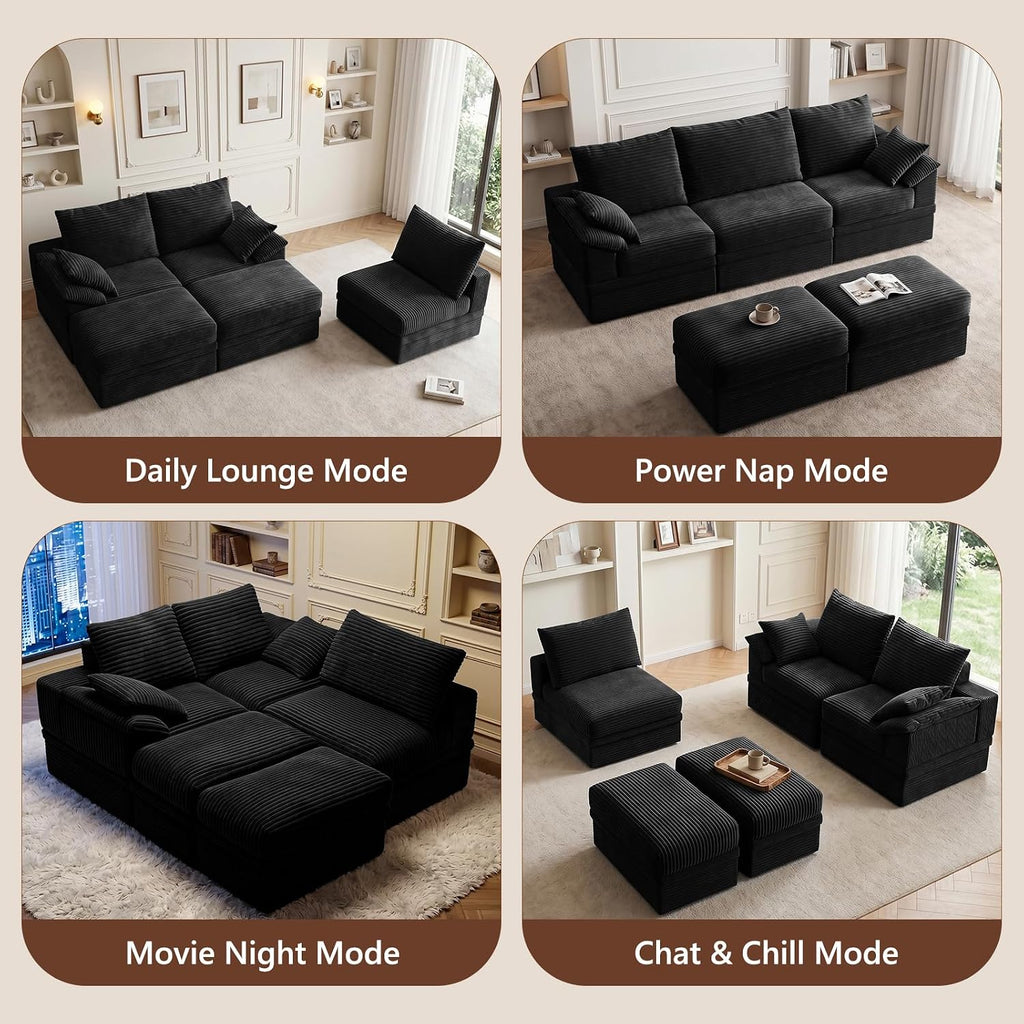 107" Modular Sectional Sofa Couch with Storage,U-Shape 3 Seat Comfy Modern Cloud Couch Sofa with Ottoman, 27" Deep Seat Corduroy Sofa for Living Room, Tool-Free Assembly - Black