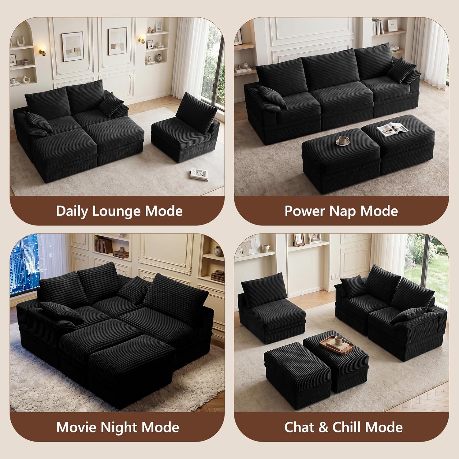 107" Modular Sectional Sofa Couch with Storage,U-Shape 3 Seat Comfy Modern Cloud Couch Sofa with Ottoman, 27" Deep Seat Corduroy Sofa for Living Room, Tool-Free Assembly - Black