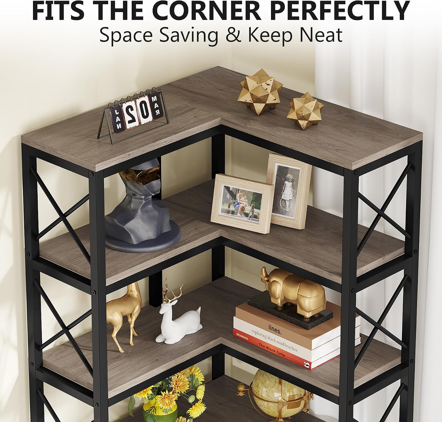 Tribesigns 7-Shelf Corner Bookshelf,Large Modern Corner Bookcase, 7-Tier Tall Corner Shelf Storage Display Rack with Metal Frame for Living Room Home Office (Grey)