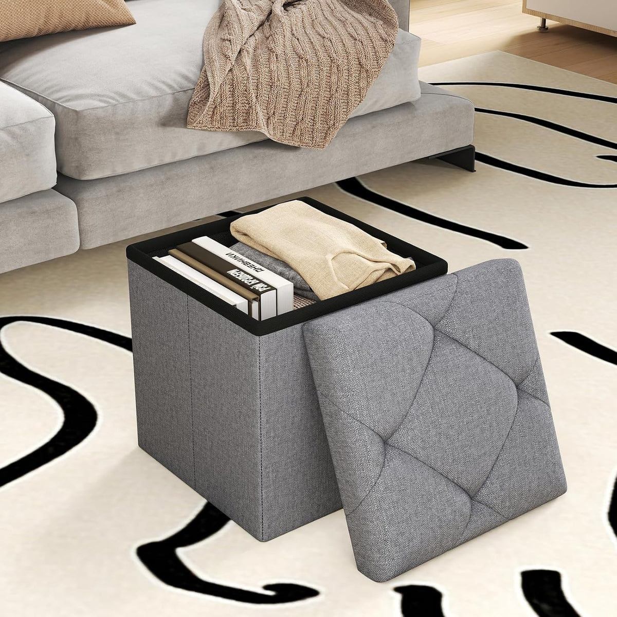 Storage Ottoman Footrest Stool Small Ottoman with Storage,35 Inches Foldable Ottomans Foot Rest Footstool Bench Ottoman with Storage Bench for Living Room Bedroom Dark Grey（15Wx15Dx15H