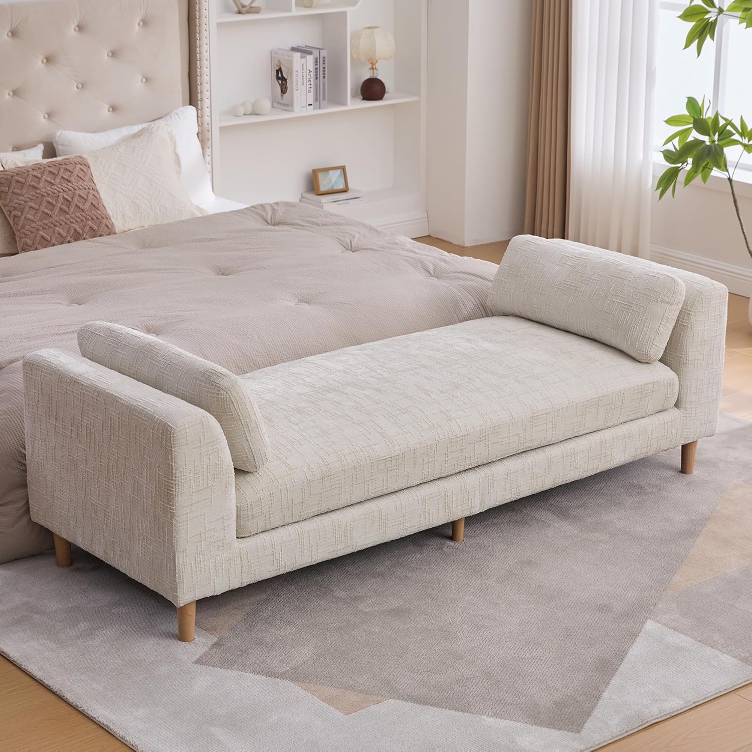 Beige King Size End of Bed Bench,83 Inch Long Bench for Bedroom with Armrests,Entryway Bench,Chenille Chaise Chair,Bench Daybed(Beige,White)