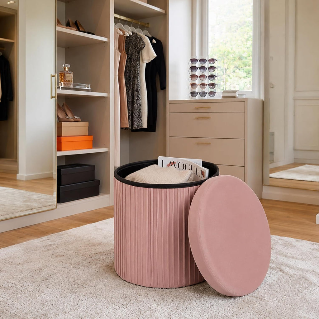 Relaxdays Velvet Stool with Storage Space Padded Foldable H 38 x D 38 cm Round Side Stool Pink