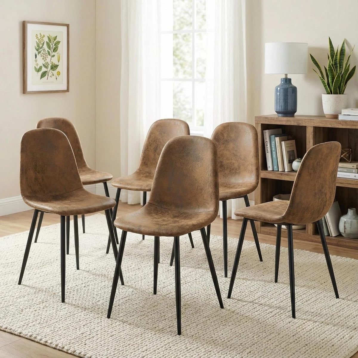 FurnitureR Modern Mid Century Leathaire Upholstered Kitchen Dining Chair, Armless Leisure Accent Chair with Black Metal Legs Space Saving for Dining Kitchen Living Room (Brown, Set of 6)