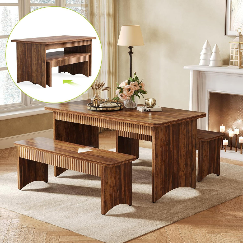 LITTLE TREE 55" Dining Table with 2 Benches, Dining Table Set for 4-6 People, Farmhouse Kitchen Table with Bench, Dining Room Table Set