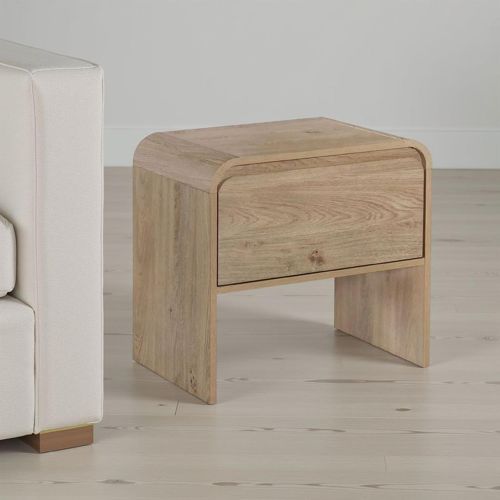 Benjara Maria Side End Table- Drawer and Waterfall Style- Beige Wood 22 Inch