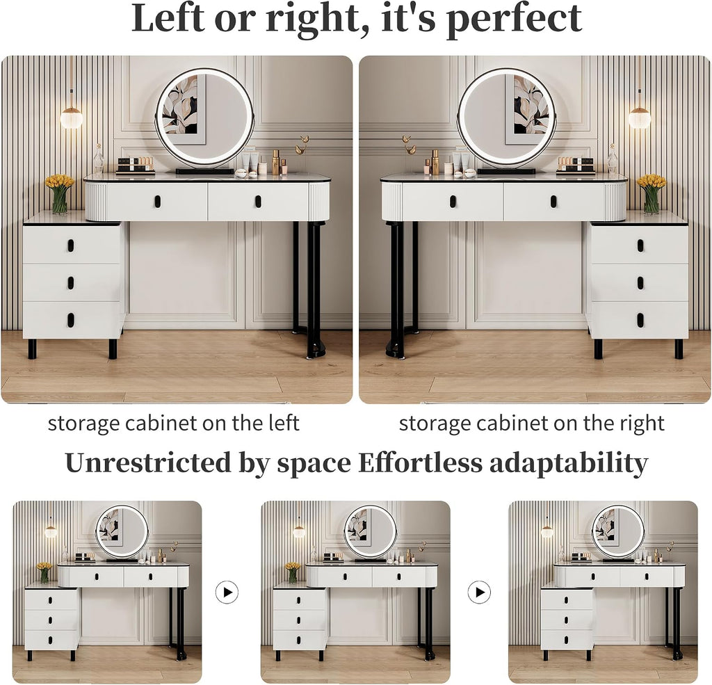 KDCAS Small Makeup Vanity Desk with Mirror and LED Lights | Modern Fluted Vanity Table with Drawers and Reversible Adjustable Side Cabinet (39.37"–51.2") | Space-Saving White Vanity Desk for Bedroom