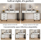KDCAS Small Makeup Vanity Desk with Mirror and LED Lights | Modern Fluted Vanity Table with Drawers and Reversible Adjustable Side Cabinet (39.37"–51.2") | Space-Saving White Vanity Desk for Bedroom