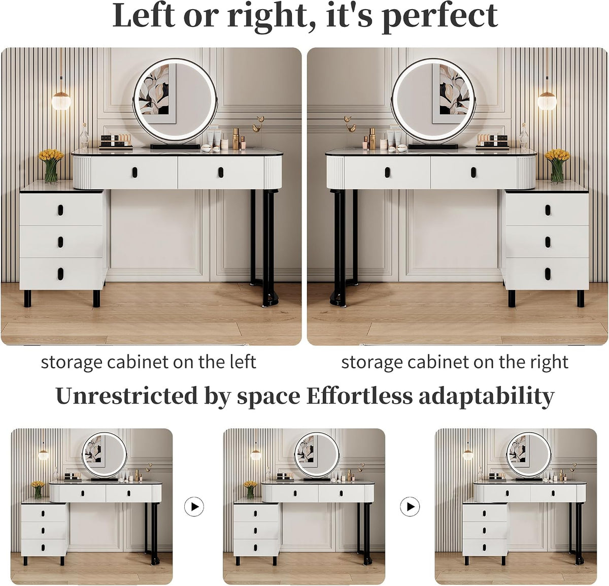KDCAS Small Makeup Vanity Desk with Mirror and LED Lights | Modern Fluted Vanity Table with Drawers and Reversible Adjustable Side Cabinet (39.37"–51.2") | Space-Saving White Vanity Desk for Bedroom