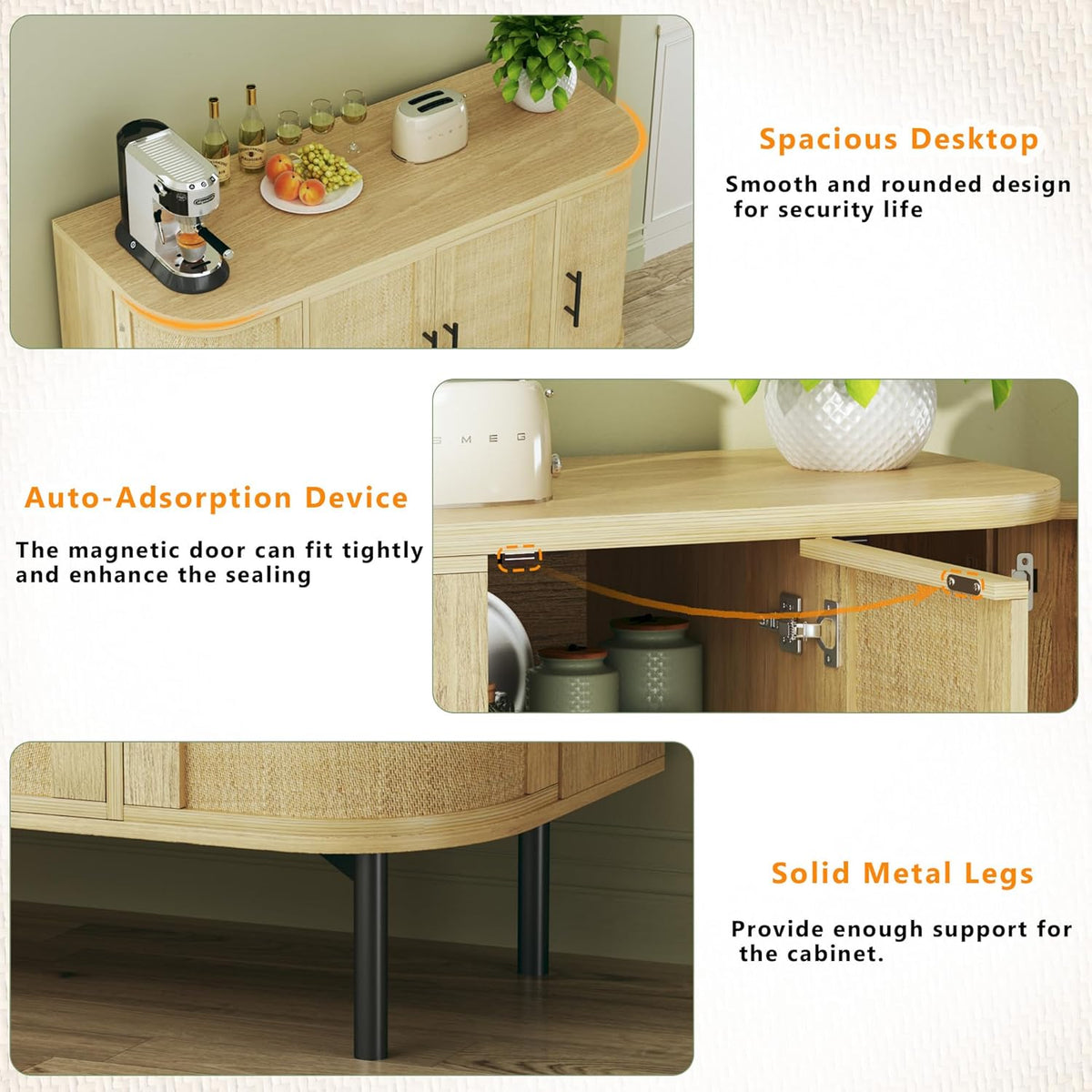 HUAHUU Sideboard Buffet Cabinet with Storage, 47.2" Rattan Sideboard Cabinet with Adjustable Shelf, Metal Legs, Modern Buffet Sideboard for Kitchen, Living Room, Entryway, Natural Oak
