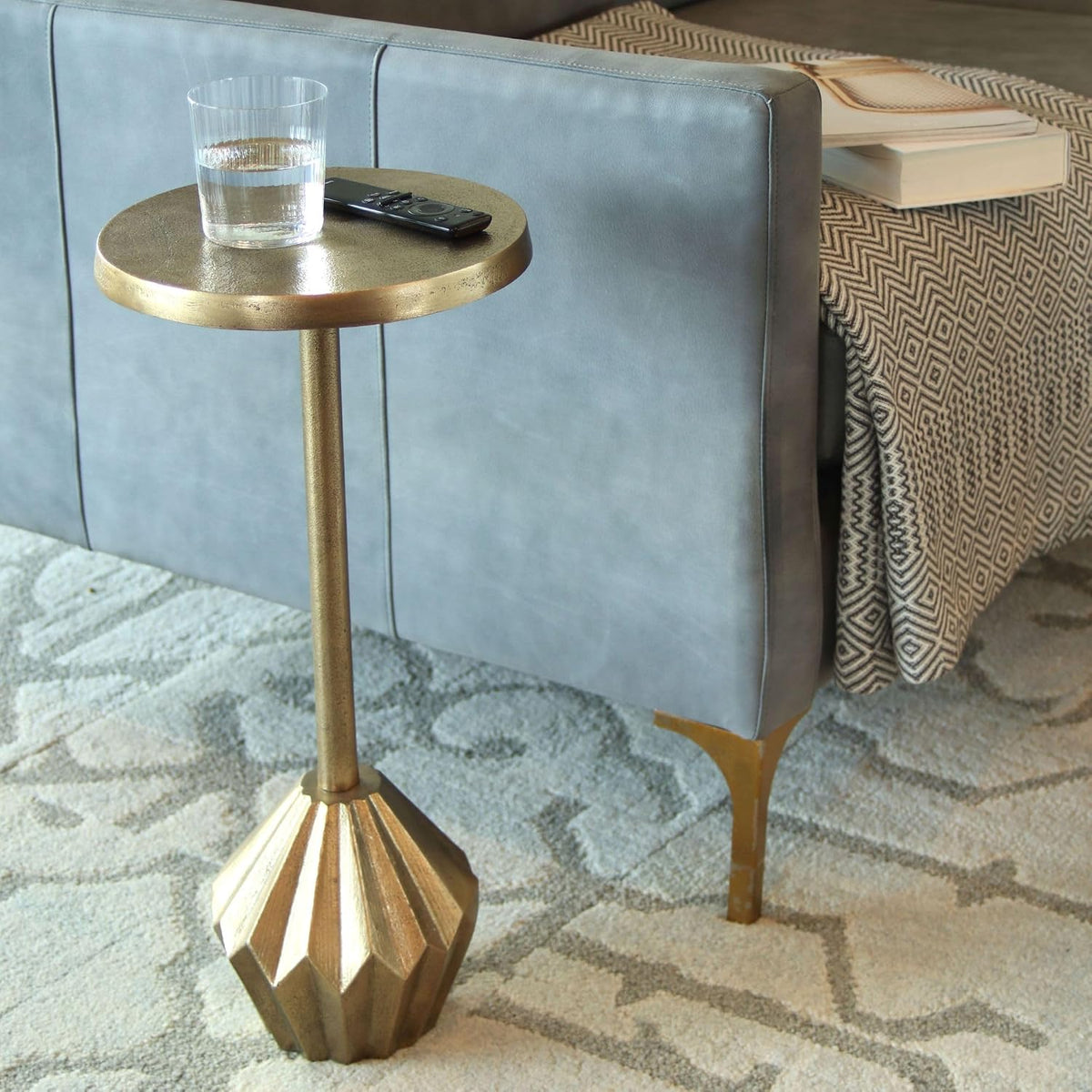 East at Main Bohemian Geometric Metal Martini Table, 10” Wide, Antique Brass – Slim Decorative Pedestal End Table for Display & Storage
