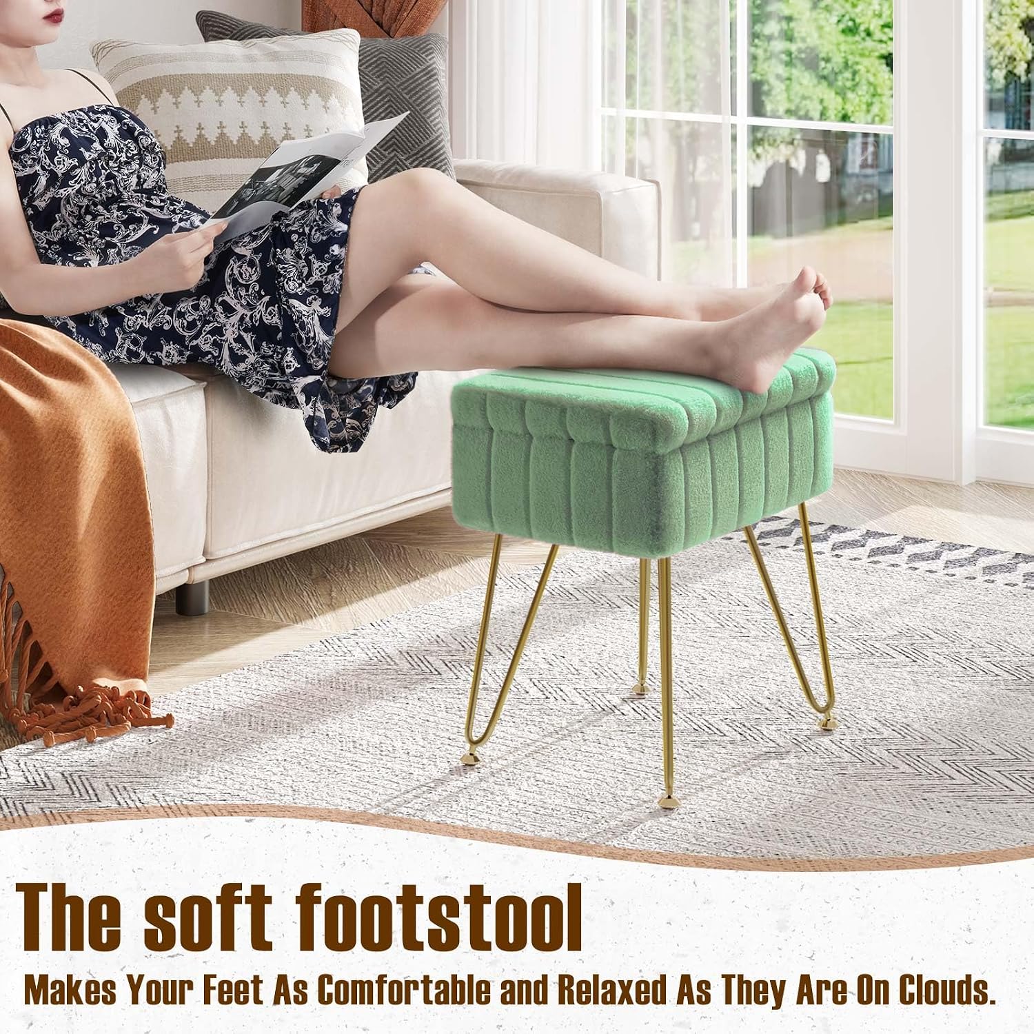 Greenstell Vanity Stool Chair Faux Fur with Storage, 15.7"L x 11.8"W x 19.4"H Soft Ottoman 4 Metal Legs with Anti-Slip Feet, Furry Padded Seat, Modern Multifunctional Chairs for Makeup, Bedroom,Green