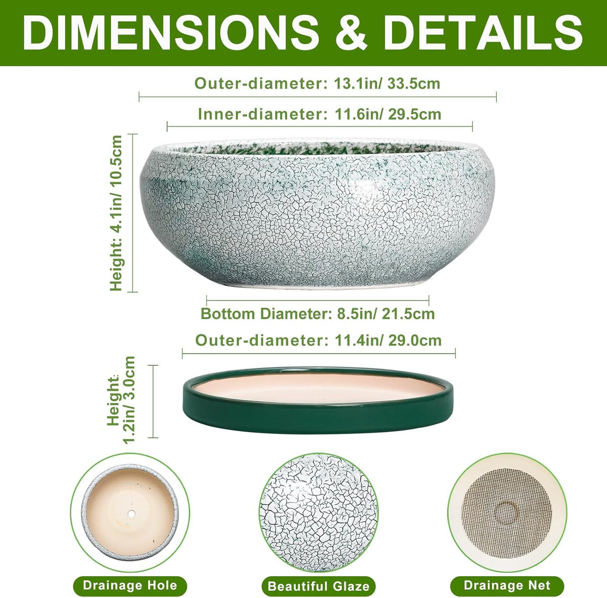 Bonsai Pots 13 Inch - Shallow Ceramic Planter with Drainage Hole and Saucer, Round Succulent Pots for Indoor Outdoor, Large Succulent Planter, Apartment Decor, Gardening Gifts, Green