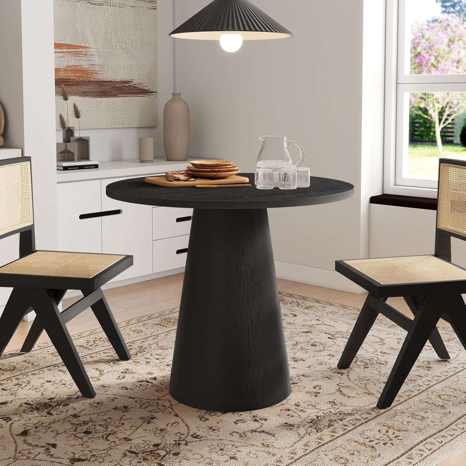 Round Dining Table Wood for 2-4, Modern Farmhouse Kitchen Table | 35'' Small Circle Dining Tables with Pedastal for Kitchen Living Room (Black)